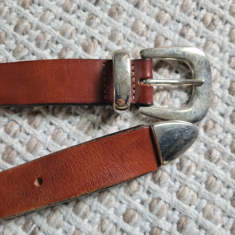 Merona Brown Belt Womens Medium Genuine Italian Leather Silver Buckle Boho
